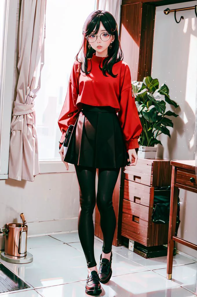 <lora:leggings v1.0:0.5> jyojifuku, leggings, skirt, full body, <lora:LIP:1> (LilyPichuTI:0.9), glasses,, absurdres, ultra detailed, masterpiece, best quality, aesthetic, detailed,