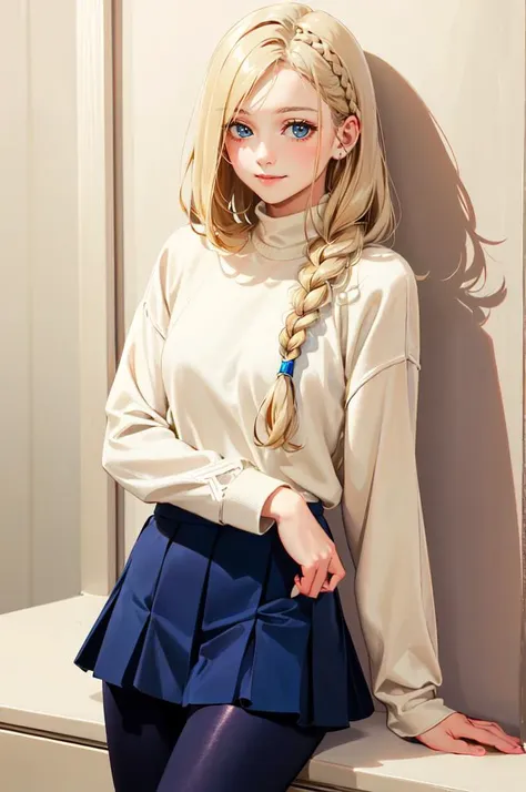 <lora:leggings v1.0:0.5> jyojifuku, leggings, skirt,, absurdres, ultra detailed, masterpiece, best quality, aesthetic, detailed,, solo, soft smile, light smile,
katya1, 1girl, blue eyes, very long hair, blonde hair, long blonde hair, french braid, bangs, medium breasts,