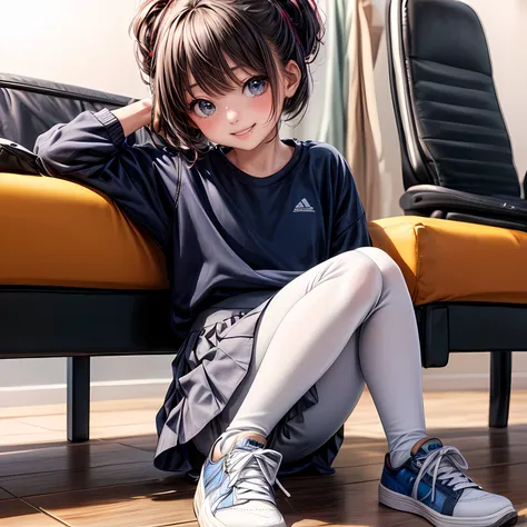 (masterpiece,ultra-detailed,best quality,8K,CG,illustration,shaved:1.0),(petite girl:1.0) <lora:more_details:1>, simple background, smile
 <lora:leggings v1.0:0.4> jyojifuku, leggings, shirts , skirt , sneakers , sitting,squating