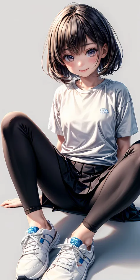 (masterpiece,ultra-detailed,best quality,8K,CG,illustration,shaved:1.0),(petite girl:1.0) <lora:more_details:1>, simple background, smile
 <lora:leggings v1.0:0.3> jyojifuku, leggings, shirts , skirt , sneakers , sitting,squating