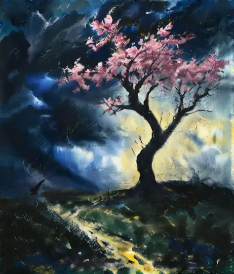 drawing of a cherry tree in bloom at a stormy day, light beam, vibrant colors, dramatic, pink, dark blue, gold, <lora:Desolation:1> <lora:EldritchExpressionism:1>