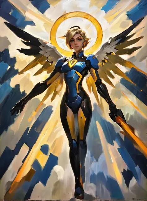 expressionist painting, Mercy from overwatch, mechanical wings, geometric, dramatic lighting, sun beams <lora:EldritchExpressionism:1>