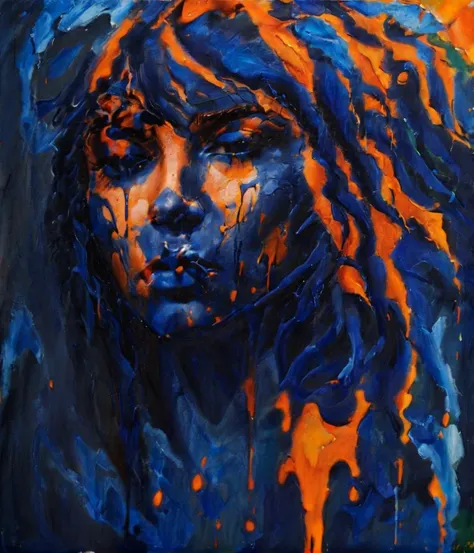 outline of a woman, beautifull, drippy abstract, highly detailed sharp focus, vibrant colors, dark blue and orange, <lora:EldritchExpressionism:1> <lora:Desolation:0.4>