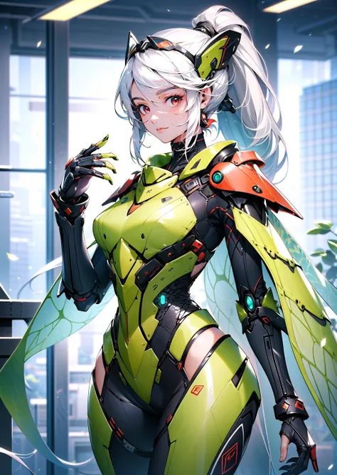 masterpiece, best quality, 1girl, indoors, long white hair ponytail, red eyes, green scifi armor, gauntlets, MantisAI <lora:MantisAI:0.8>