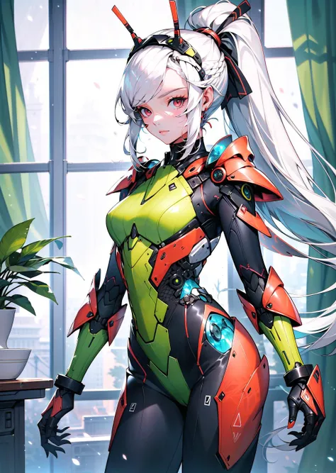 masterpiece, best quality, 1girl, indoors, long white hair ponytail, red eyes,  green scifi armor, gauntlets, MantisAI  <lora:MantisAI:0.8>