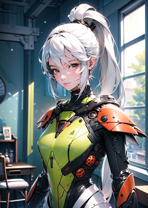 masterpiece, best quality, 1girl, indoors, long white hair ponytail, red eyes, green scifi armor, gauntlets, MantisAI <lora:MantisAI:0.8>