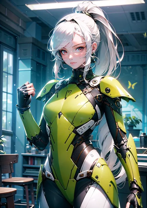 masterpiece, best quality, 1girl, indoors, long white hair ponytail, red eyes, green scifi armor, gauntlets, MantisAI <lora:MantisAI:0.8>
