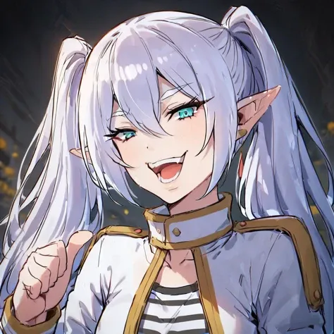<lora:xl_kono dio da (meme) :1>,dio face,open mouth,smile,thumbs up, (masterpiece:1.2), (best quality:1.2), green eyes, (sharp:1.3),
<lora:xl_Frieden2:0.7>, 1girl, looking at viewer, solo, long hair, long sleeves, open mouth, blue eyes, hair between eyes, (collarbone:1.2), elf, white ponytails long hair, mofapifeng, white gold outfit, white collar, white gold jacket, twintails,
(She is wearing the "mofapifeng" outfit which includes gold and white clothes:1.2),(striped_shirt:1.4),