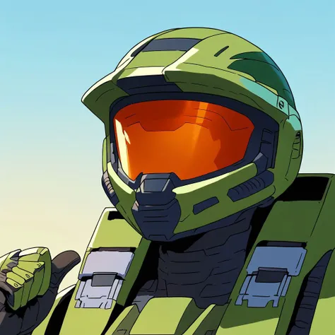 anime screenshot style, masterpiece, high quality, source_anime, score_9, score_8, score_7, rating_safe, solo, <lora:helmets:1> masterchief, green helmet, shiny orange visor, no face, green spartan armor, (pointing at self), <lora:xl_kono dio da(pony):0.75> parody, pointing, meme