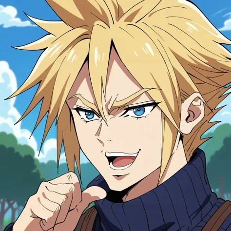 anime screenshot style, masterpiece, high quality, source_anime, score_9, score_8, score_7, rating_safe, solo, anime screencap, cloud_strife, final_fantasy, 1boy, blonde_hair, blue_eyes, <lora:xl_kono dio da(pony):0.8> dio face, open mouth, parody, pointing, meme