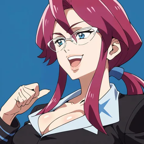 anime screenshot style, masterpiece, high quality, source_anime, score_9, score_8, score_7, rating_safe, 1girl, solo, <lora:lorelei-pdxl-nvwls-v1:0.9> animeLorelei, purple hair, blue eyes, hair between eyes, low ponytail, glasses, beautiful mature woman, black suit, formal, upper body shot, large breasts, cleavage, <lora:xl_kono dio da(pony):0.75> dio face, open mouth, smile, parody, pointing, meme