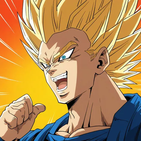 anime screenshot style, masterpiece, high quality, source_anime, score_9, score_8, score_7, rating_safe, solo, vegeta, dragon_ball, 1boy, yellow_hair, black_eyes, super saiyan, saiyan armor, <lora:xl_kono dio da(pony):1> dio face, open mouth, parody, pointing, meme
