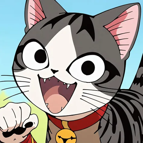 anime screenshot style, masterpiece, high quality, source_anime, score_9, score_8, score_7, rating_safe, solo, <lora:ChamChiYamadaPonyXL:0.8> chiyamada, cat, looking at viewer, black eyes, open mouth, smile, :d, fangs, :< upper body shot, paw pointing at self, <lora:xl_kono dio da(pony):0.7> dio face, open mouth, parody, pointing, meme