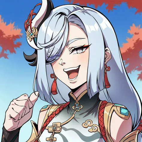 <lora:xl_kono dio da(pony)-000006:1>,dio face,open mouth,smile,thumbs up,shenhe \(genshin impact\),, score_9,_up score_8_up,