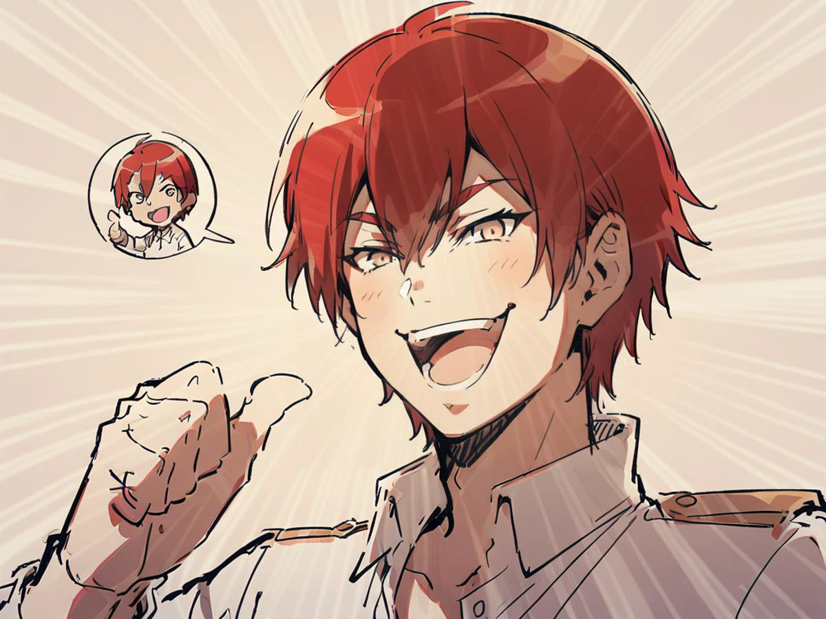 <lora:xl_kono dio da(kohaku_Delta)-000008:1>,dio face,open mouth,smile,thumbs up,
1boy, male, solo, Karma Akabane, red hair, light brown eyes <lora:Karma_Akabane:1>,
lineart, sketch, <lora:Potat-lineart_sketch_v1-USENEG:-0.8>