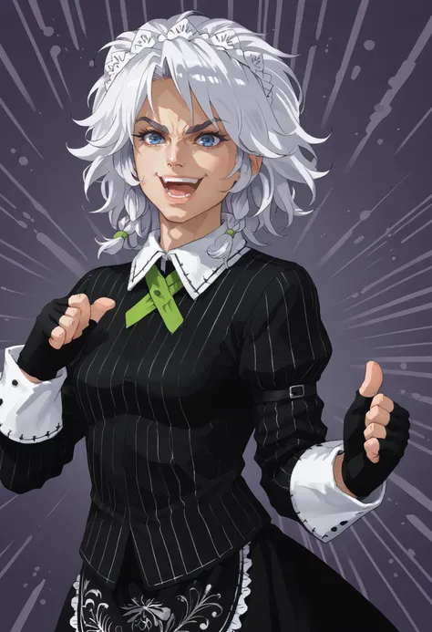 score_9, score_8_up, score_7_up BREAK 1girl, solo, kdizay0i, white hair, twin braids, blue eyes, maid headdress, striped clothes, black shirt, striped shirt, collared shirt, long sleeves, black gloves, fingerless gloves, black skirt, dio face,open mouth,smile,thumbs up, purple background, abstract background <lora:IzayoiLycoXL:1> <lora:xl_kono dio da(pony):1> <lora:koumajoudensetsu_izayoi_ponyXL:1>