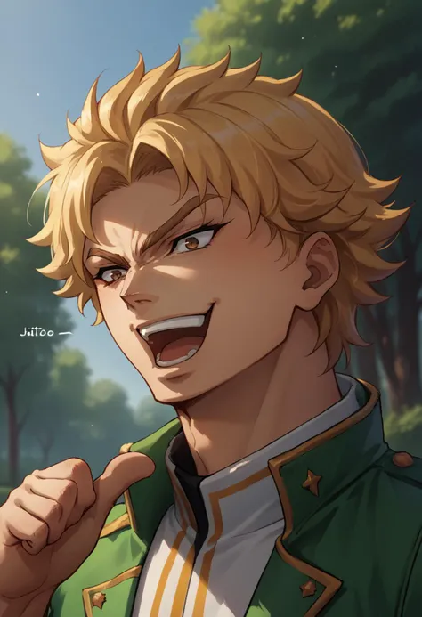 score_9, score_8_up, score_7_up, source_anime, thumb pointing, pointing at self, upper body, <lora:ThumbPointingAtSelf_XLPD:1>, dio brando, blonde hair,  <lora:xl_kono dio da(pony):0.8> dio face, open mouth, smile, thumbs up