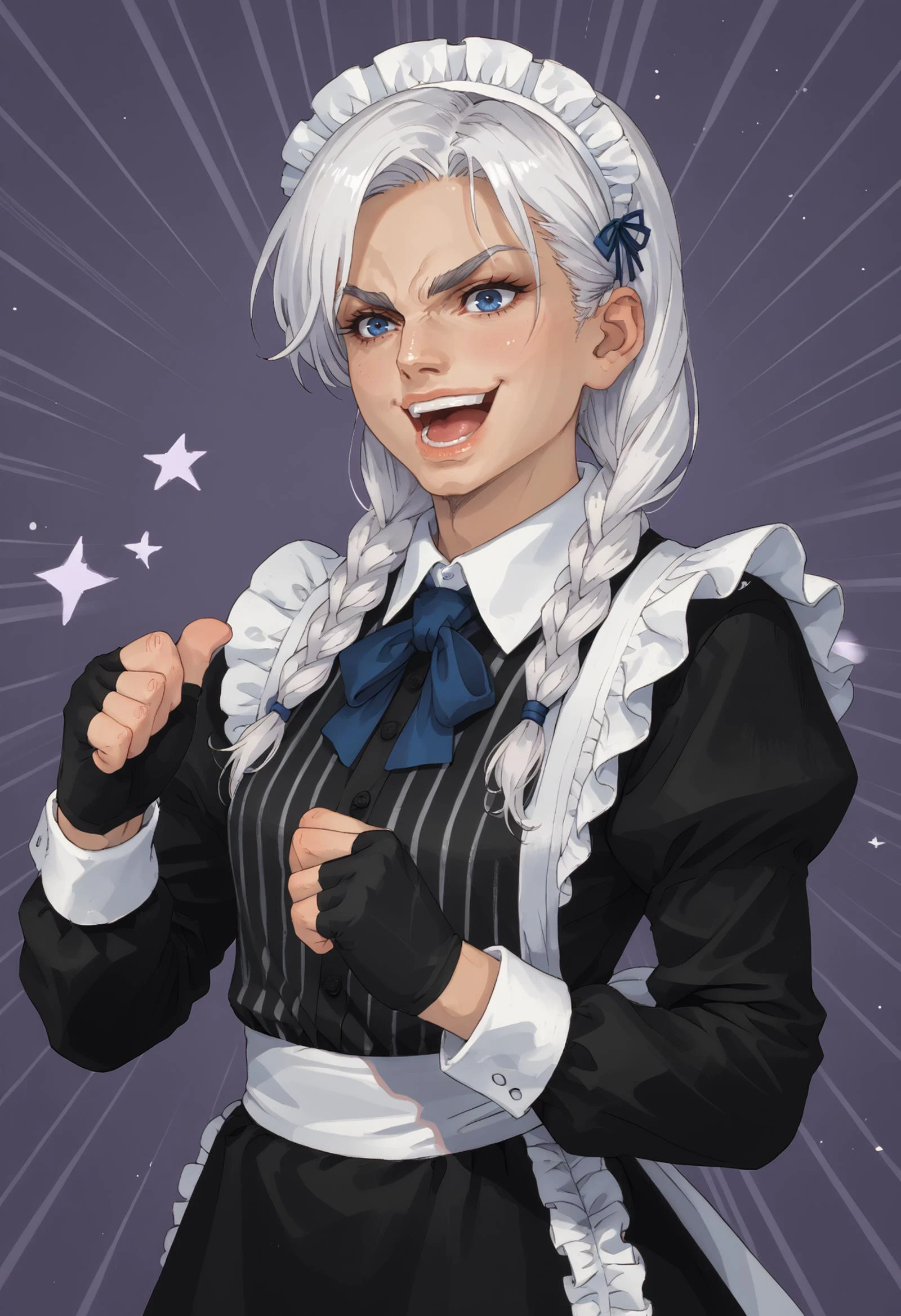 score_9, score_8_up, score_7_up BREAK 1girl, solo, kdizay0i, white hair, twin braids, blue eyes, maid headdress, striped clothes, black shirt, striped shirt, collared shirt, long sleeves, black gloves, fingerless gloves, black skirt, dio face,open mouth,smile,thumbs up, purple background, abstract background <lora:IzayoiLycoXL:1> <lora:xl_kono dio da(pony):1>