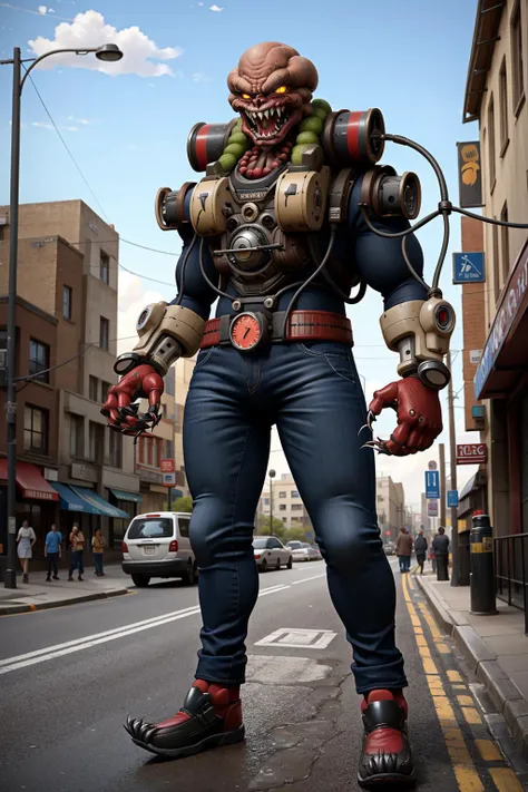 1kaijin, (full_body:1.2), solo, outdoors, street, city, cars, people,
time bomb head, teeth, claws, cable, explosive, tube,
(masterpiece, best_quality:1.3), (realistic:1.3), photorealistic,
<lora:kaijin_v5-000018:0.8>
<lora:stylized_3dcg_v4-epoch-000012:0.4> ,