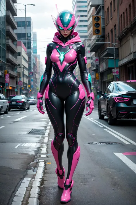 1kaijin, full_body, solo, outdoors, street, city, cars, people,
woman, neon pink and teal asymmetrical body suit, 1girl, standing, alien, clear helmet, hoodie,
(masterpiece, best_quality:1.3), (realistic:1.3), photorealistic,
<lora:kaijin_v5-000018:0.8>
<lora:stylized_3dcg_v4-epoch:0.4> ,