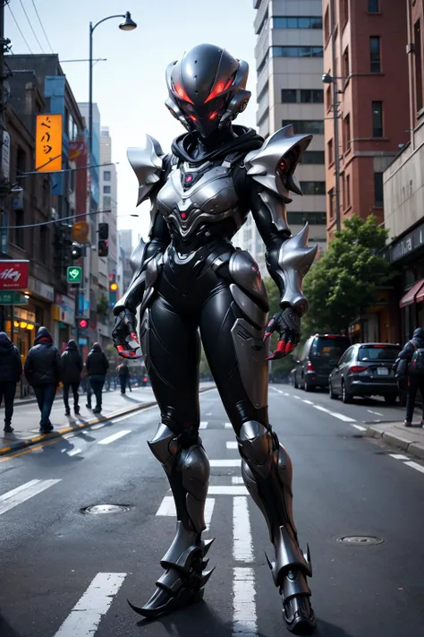 1kaijin, full_body, solo, outdoors, street, city, cars, people,
android, silver asymmetrical armor, 1girl, standing, claws, alien, helmet, hoodie,
(masterpiece, best_quality:1.3), (realistic:1.3), photorealistic,
<lora:kaijin_v5-000018:0.8>
<lora:stylized_3dcg_v4-epoch-000012:0.4> ,