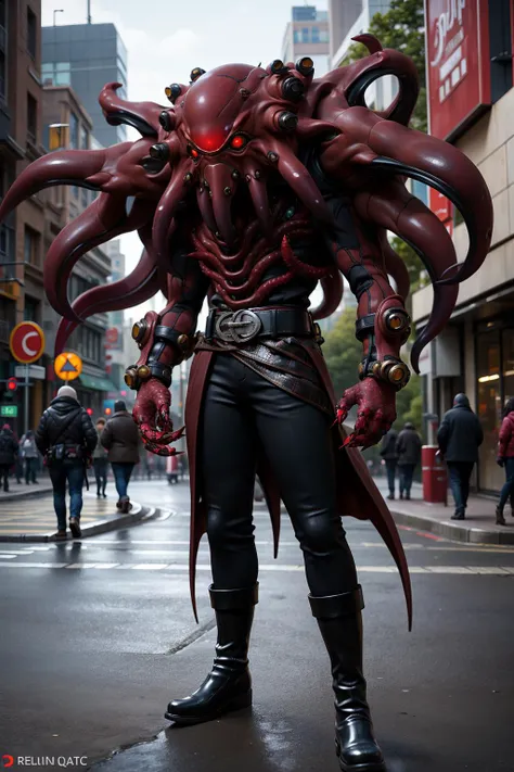 1kaijin, full_body, solo, outdoors, street, city, cars, people,
iron octopus mask, belt, extra eyes, boots, tentacles, standing, black footwear, eldritch abomination, male focus, red eyes, claws, one-eyed
(masterpiece, best_quality:1.3), (realistic:1.3), photorealistic,
<lora:kaijin_v5-000018:0.8>
<lora:stylized_3dcg_v4-epoch-000012:0.4> ,