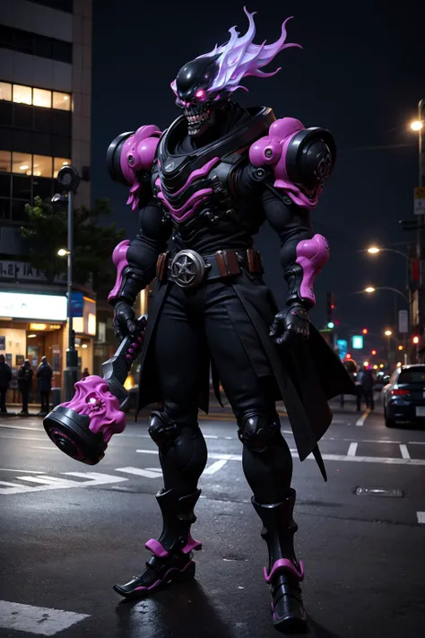 1kaijin, full_body, solo, outdoors, street, city, cars, people,
Acree Alien, solo, hammer, holding, monochrome, skull, male focus, gloves, weapon, mask, looking at viewer, standing, holding hammer, armor, long sleeve, glowing, holding weapon, purple eyes
(masterpiece, best_quality:1.3), (realistic:1.3), photorealistic,
<lora:kaijin_v5-000018:0.8>
<lora:stylized_3dcg_v4-epoch-000012:0.4> ,