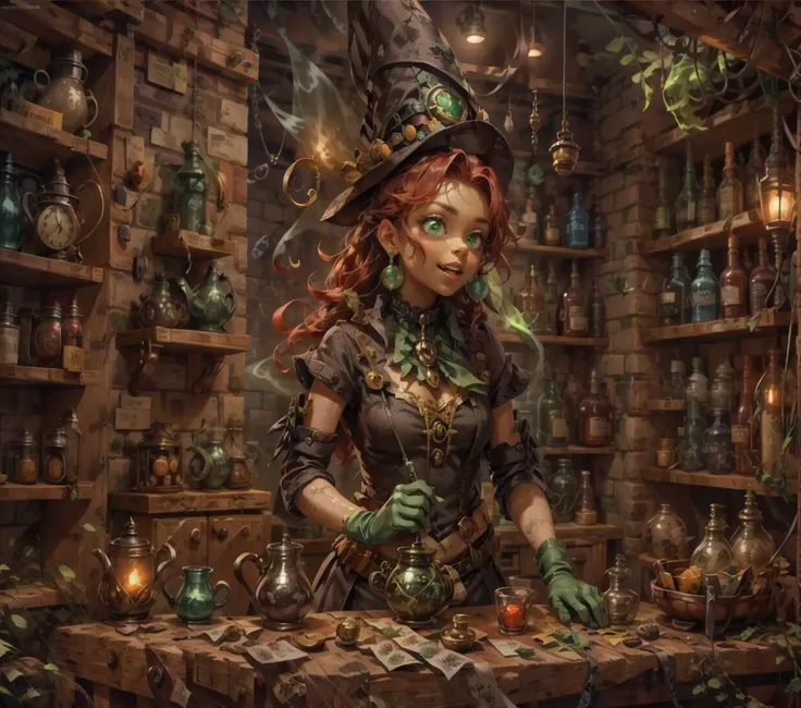 A perfect photorealistic(RENDER512:1.1) of a cheerful witch in a cone-shaped hat, (green eyes:1.2), red hair, (green elbow-length gloves:1.2), potions shop, magical interior, working environment, there are magical vibes fluids and magical sparks in the air, Eszter Mattioni, digital art in the jaw dropping of (goosebumps art by tim jacobus:1.43):(3D BEEPLE STYLE:0.333) BY(Dr.Suess, ALEX GREY)! 8 k, 32 k, HDR, foodphoto, conceptual art <lora:foodphoto:1>, <lora:epiNoiseoffset_v2:1>, <lyco:GoodHands-beta2:1.0>