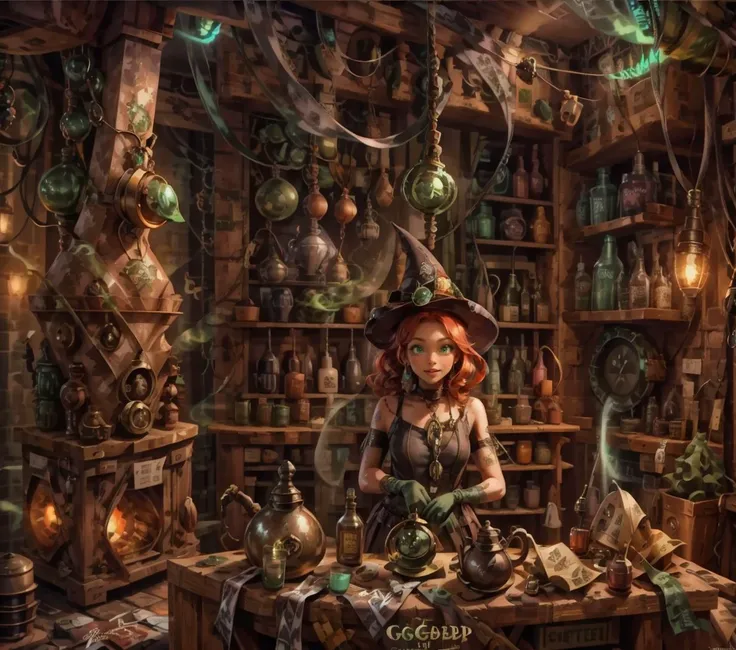 A perfect photorealistic(RENDER512:1.1) of a cheerful witch in a cone-shaped hat, (tattoo:1.3), (green eyes:1.3), red hair, (green elbow-length gloves:1.2), potions shop, magical interior, working environment, there are magical vibes fluids and magical sparks in the air, Eszter Mattioni, digital art in the jaw dropping of (goosebumps art by tim jacobus:1.43):(3D BEEPLE STYLE:0.333) BY(Dr.Suess, ALEX GREY)! 8 k, 32 k, HDR, foodphoto, conceptual art <lora:foodphoto:1>, <lora:epiNoiseoffset_v2:1>, <lyco:GoodHands-beta2:1.0>, masterpiece, award-winning concept art, shading, dramatic lighting, high detail, intricate detail, ultra detail, anti-aliasing