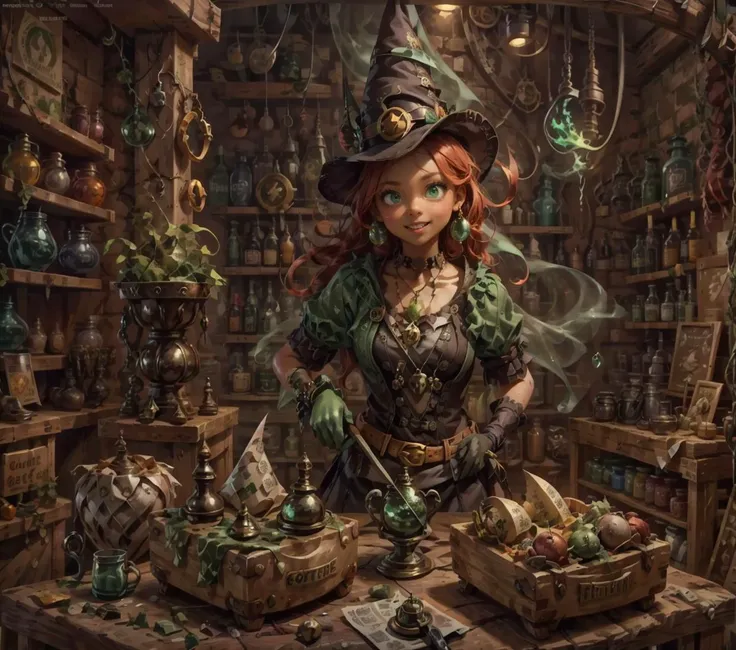 A perfect photorealistic(RENDER512:1.1) of a cheerful witch in a cone-shaped hat, (green eyes:1.2), red hair, (green elbow-length gloves:1.2), potions shop, magical interior, working environment, there are magical vibes fluids and magical sparks in the air, Eszter Mattioni, digital art in the jaw dropping of (goosebumps art by tim jacobus:1.43):(3D BEEPLE STYLE:0.333) BY(Dr.Suess, ALEX GREY)! 8 k, 32 k, HDR, foodphoto, conceptual art <lora:foodphoto:1>, <lora:epiNoiseoffset_v2:1>, <lyco:GoodHands-beta2:1.0>