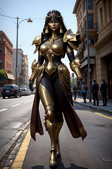 1kaijin, (full_body:1.2), solo, outdoors, street, city, cars, people, dynamic pose
1girl, egyptian, golden mask, parted_lips, black hair, armor, breasts, gold armor, standing, long hair,
(masterpiece, best_quality:1.3), (realistic:1.3), photorealistic,
<lora:kaijin_v5-000018:0.8>
<lora:stylized_3dcg_v4-epoch-000012:0.4> ,