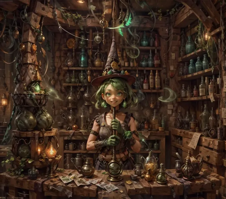 A perfect photorealistic(RENDER512:1.1) of a cheerful witch in a cone-shaped hat, (green eyes:1.2), red hair, (green elbow-length gloves:1.2), potions shop, magical interior, working environment, there are magical vibes fluids and magical sparks in the air, Eszter Mattioni, digital art in the jaw dropping of (goosebumps art by tim jacobus:1.43):(3D BEEPLE STYLE:0.333) BY(Dr.Suess, ALEX GREY)! 8 k, 32 k, HDR, foodphoto, conceptual art <lora:foodphoto:1>, <lora:epiNoiseoffset_v2:1>, <lyco:GoodHands-beta2:1.0>, masterpiece, award-winning concept art, shading, dramatic lighting, high detail, intricate detail, ultra detail, anti-aliasing