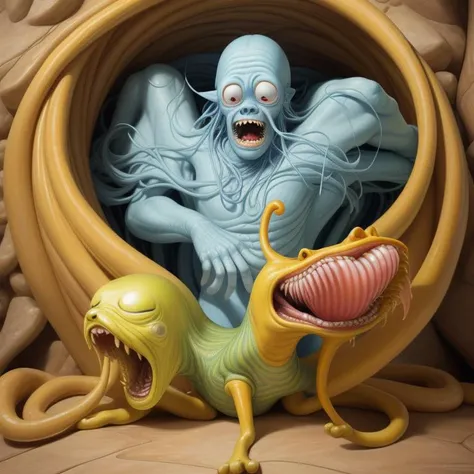 A perfect photorealistic jaw dropping image of a (WEIRD ADVENTURE TIME CHARACTER from Rick and Morty)(anamorphic)::(trompe l’oeil) digital art in the jaw dropping STYLE BY (goosebumps art by tim jacobus:1.211):(3D BEEPLE STYLE:0.333):(SURREALISM:0.9) BY(Dr.Suess::ALEX GREY)! 8 k, 32 k, HDR