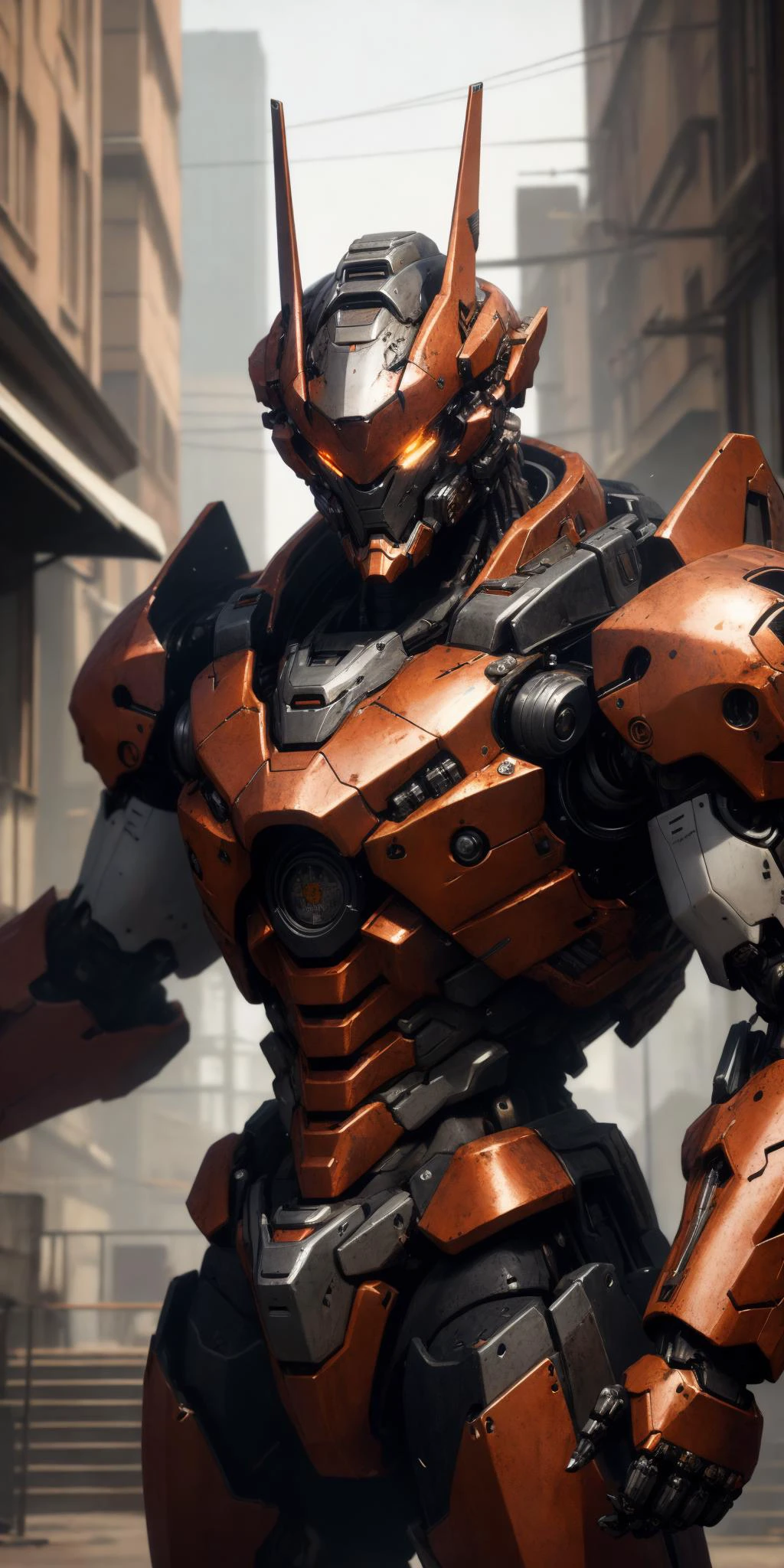 Portrait photo of an alpha male, perfect eyes, in a worn mecha suit, intricate, (steel metal [rust]), elegant, sharp focus, photo by greg rutkowski, soft lighting, vibrant colors, masterpiece, ((streets)), cowboy shot, dynamic pose, <lora:svarog1.1:0.4>,