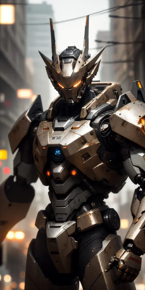 Portrait photo of an alpha male, perfect eyes, in a worn mecha suit, ((light bokeh)), intricate, (steel metal [rust]), elegant, sharp focus, photo by greg rutkowski, soft lighting, vibrant colors, masterpiece, ((streets)), cowboy shot, dynamic pose,