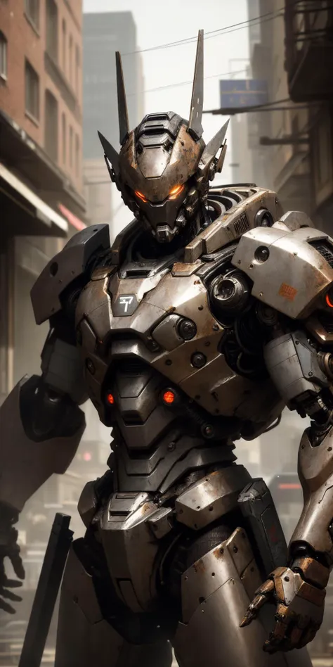 Portrait photo of an alpha male, perfect eyes, in a worn mecha suit, intricate, (steel metal [rust]), elegant, sharp focus, photo by greg rutkowski, soft lighting, vibrant colors, masterpiece, ((streets)), cowboy shot, dynamic pose, <lora:zwaha:0.3>,