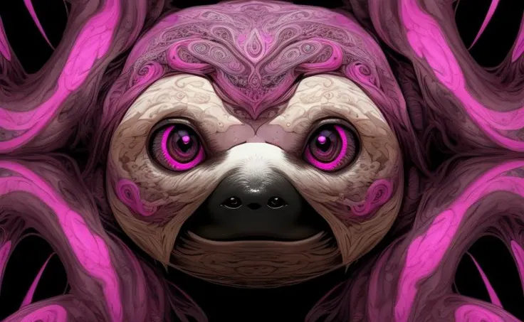 (sloth face, square pink eyes -> fractals, psychedelic color, high quality, detailed and intricate)