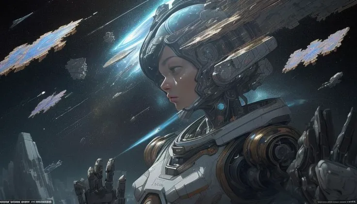(dimensions shatter, robot fragments, overlap, fractal, satellite imagery, retrofuturism, space, cinematic, mj, in a symbolic and meaningful style)