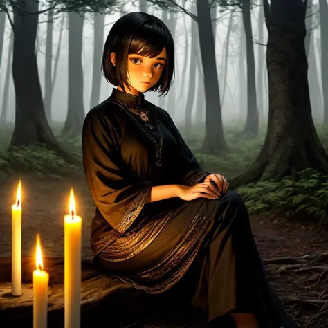 ( young woman:1.2), dark short hair, black skin, sitting in forest, highest quality, candle light,