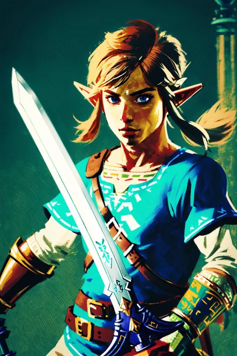 Highly detailed, High Quality, Masterpiece, beautiful, <lora:UnlimitedBladeWorksV0.3:0.8>, (Link Master Sword:1.2), 1boy, solo, link, he legend of zelda, the legend of zelda: breath of the wild, blue tunic, <lora:Char_Zelda_Link:1>