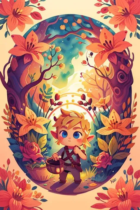 ((masterpiece)) ((cute)), link, the legend of zelda, blue tunic, male focus, 1boy, blonde hair, ((solo)), ((inside woven basket)), flowers around, cherry blossoms, cute ((eyes)), IrisCompiet style, ((watercolor)) painting, (((sticker))), (((circle background))), <lora:IrisCompietStyle:1> <lora:COOLKIDS_MERGE_V2.5:0.75> <lora:link_offset:0.8> <lora:CircleArt_Sora:0.9>