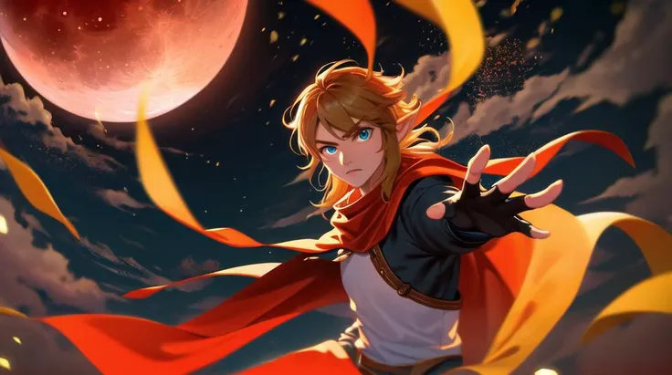 nintendo, the legend of zelda, botw, the legend of zelda: breath of the wild, masterpiece, best quality, highres, perfect face, vivid colors, (blood moon:1.2) , (mapple leaves:1.1 ), (bokeh:1.4), clouds,
BREAK sky, grassy plain, flowers, some wild animals, cherry flower leaves, fantasy, fisheye, deep night
BREAK <lora:Link:1>, (link:1.2), 1boy, blue eyes; light brown hair, two ears, (hair flying apart:1.1), look viewer seriously, anger face, blue, muscular, , goldsmith , jagged detailed red cape, gold and (white:1.1) scarf, royal cloth (gilding:1.1), gloves,
