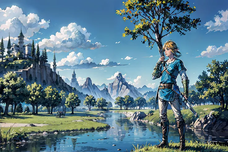 1boy, link, link from breath of the wild, full body, standing, blue tunic,  green plain, tree, mountain, river, serious face, looking away, blue sky, cloud, sunny, mastersword on the back, <lora:link_offset:1>