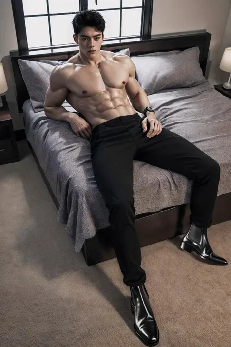 <lora:betaboy:0.5>,<lora:menhard:0.2>, <lora:asianmale_v10:0.2>,
handsome young man,(full body:1.3), (looking at viewer:1.5),
(short hair, black hair:1.3),
(lying in bed),(background of bedroom, natural lighting:1.3), bed, window,
(muscular, large pectorals, abs:1.3),
<lora:GoodHands-beta2:1>,perfect hands, (watch:1.5),
black boots, black pants,
(8k, RAW photo, best quality, masterpiece:1.3),professional photograph,(high res, detailed image, realistic, photo realistic:1.3),