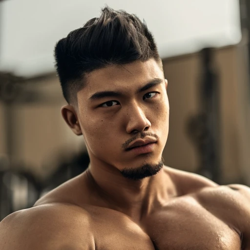 1man, a 20 y.o angry asian muscular male, front side, detailed face, full body, Totally porn nudity, dark skin, muscle huge chest, soldier hair, 149kg, dirty gym dark basement background, no light, extremely detailed, 8k, uhd, photorealistic