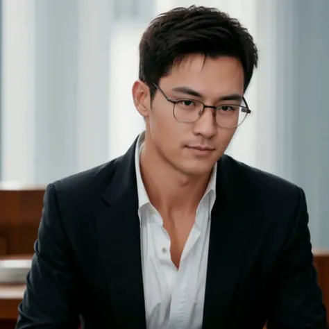 1man, 25 years- old, full body, wearing long-sleeve white shirt and tie, muscular rand black suit, glasses, drinking coffee, soft lighting, masterpiece, best quality, 8k uhd, dslr, film grain, Fujifilm XT3 photorealistic painting art by midjourney and greg rutkowski <lora:asianmale_v10:0.6> <lora:uncutPenisLora_v10:0.6>