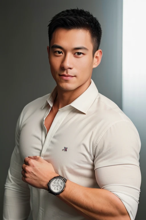 <lora:Lora-Custom-ModelLiXian:0.6>, 1man,
a 30 y.o muscular male wearing long-sleeve white shirt and tie, with a watch, upper body,
in camera studio with 3 flash, soft lighting,
masterpiece, best quality, 8k uhd, dslr, film grain, Fujifilm XT3 photorealistic painting art by midjourney and greg rutkowski