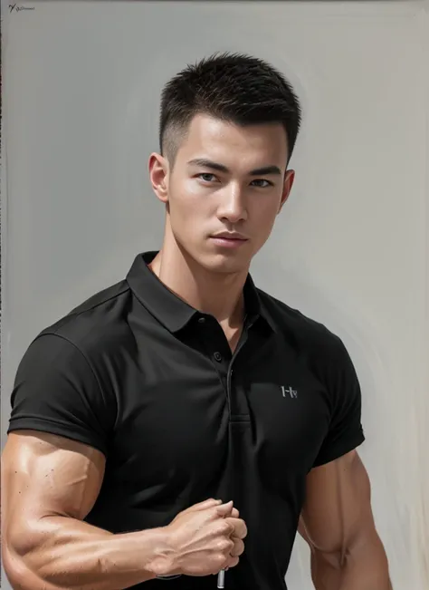 <lora:asianmale_v10:0.6>, 1man, a 20 y.o muscular male wearing black sports short sleeve shirt ,buzz-cut hair,homosexual, 8k uhd ,film grain, Fujifilm XT3 photorealistic painting art by midjourney and greg rutkowski