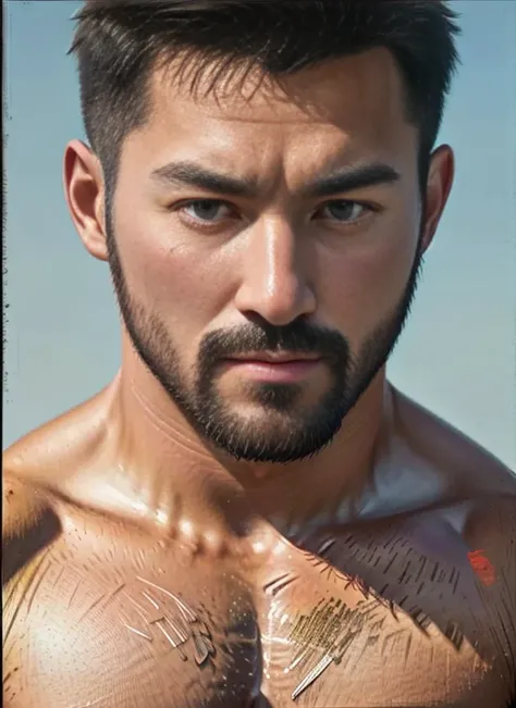 <lora:asianmale_v10:0.6>, 1man, a 30 y.o MuscleBear ,short hair, 8k uhd ,film grain, Fujifilm XT3 photorealistic painting art by midjourney and greg rutkowski