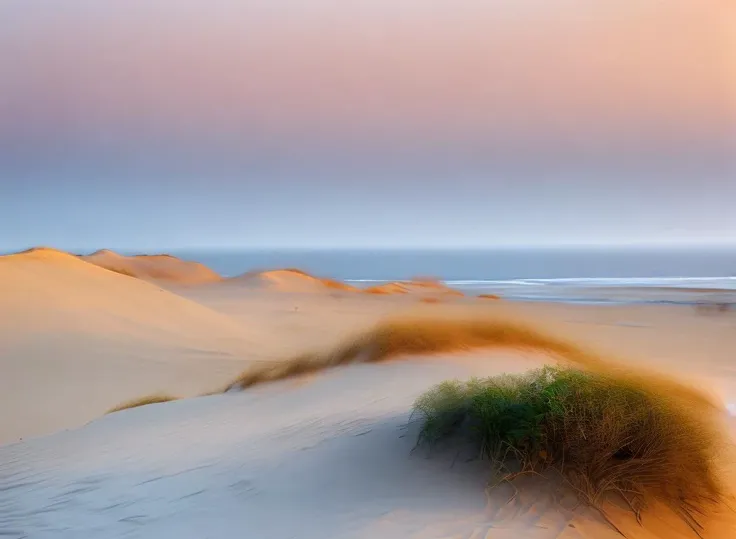 <lyco:sand and sea:1.0> srdg fog in a sandy beach with a few bushes and sand dunes, sunset